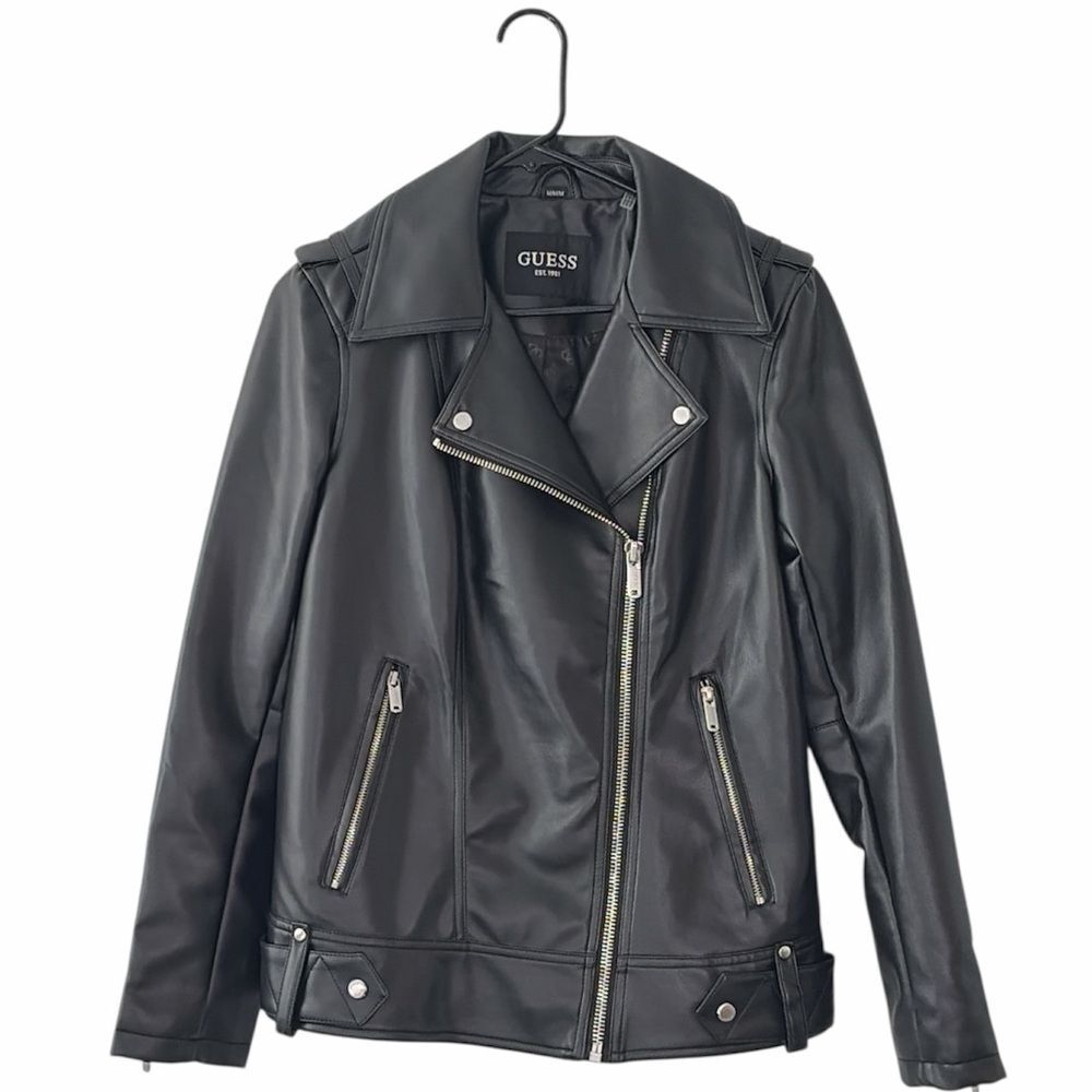 Like New Guess Collar Faux Leather Moto Jacket Zip Silver Women’s M